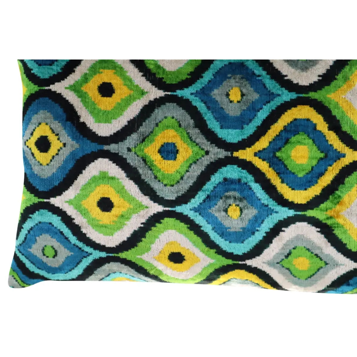 Luxury Silk Velvet Pillow - Yellow Blue Ikat Lumbar 16x24’’ - Canvello