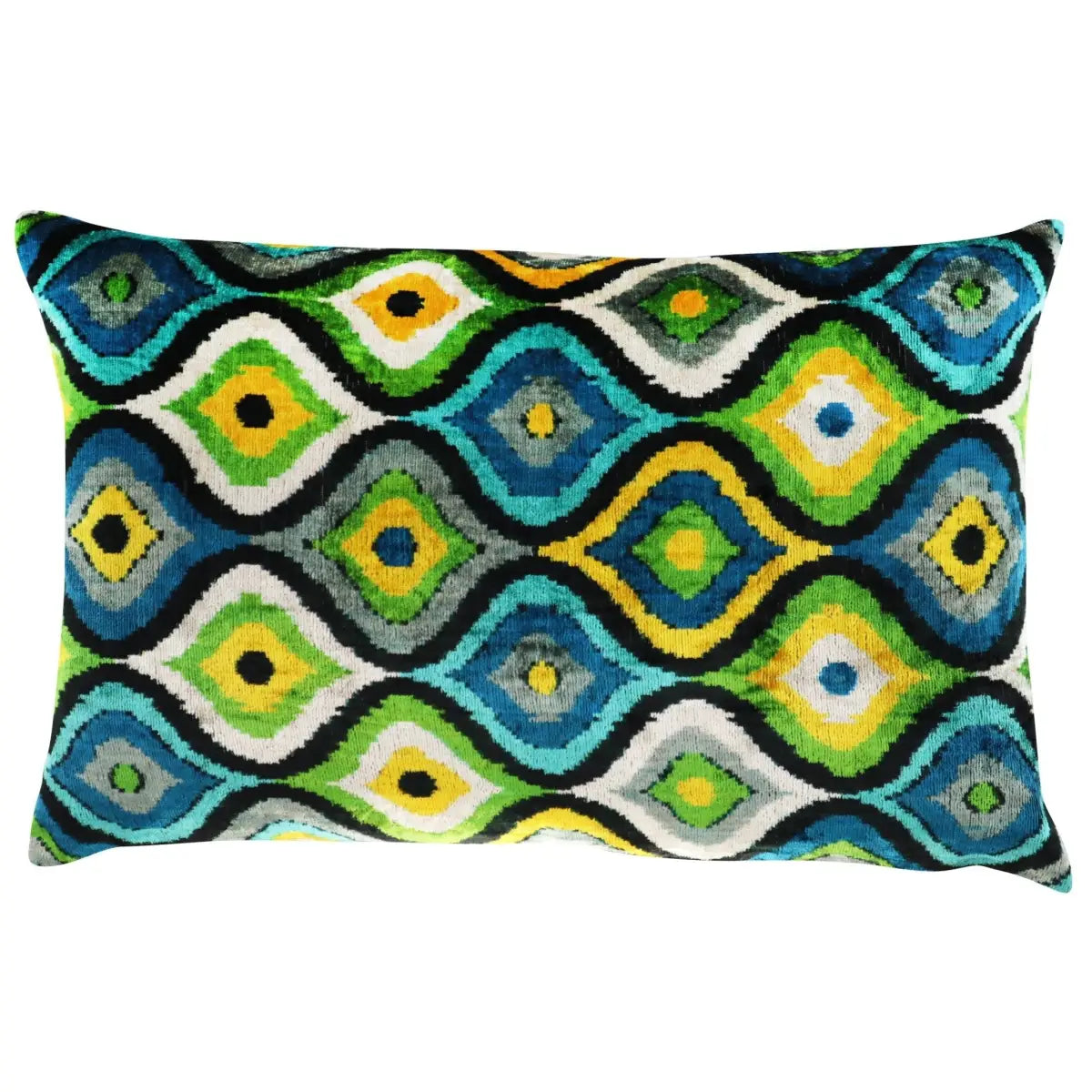 Luxury Silk Velvet Pillow - Yellow Blue Ikat Lumbar 16x24’’ - Canvello