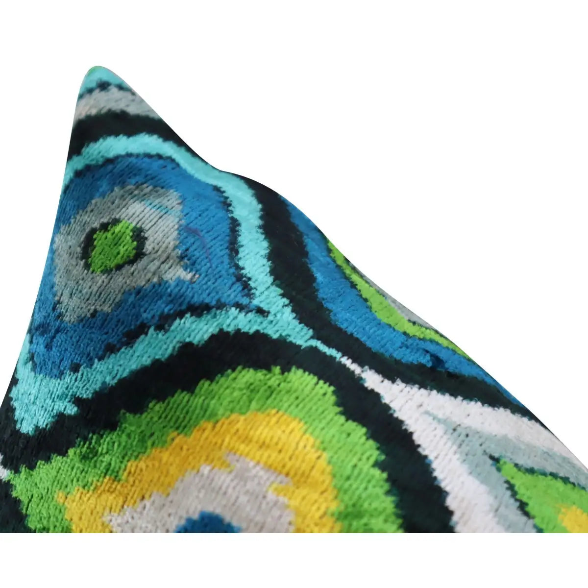 Luxury Silk Velvet Pillow - Yellow Blue Ikat Lumbar 16x24’’ - Canvello