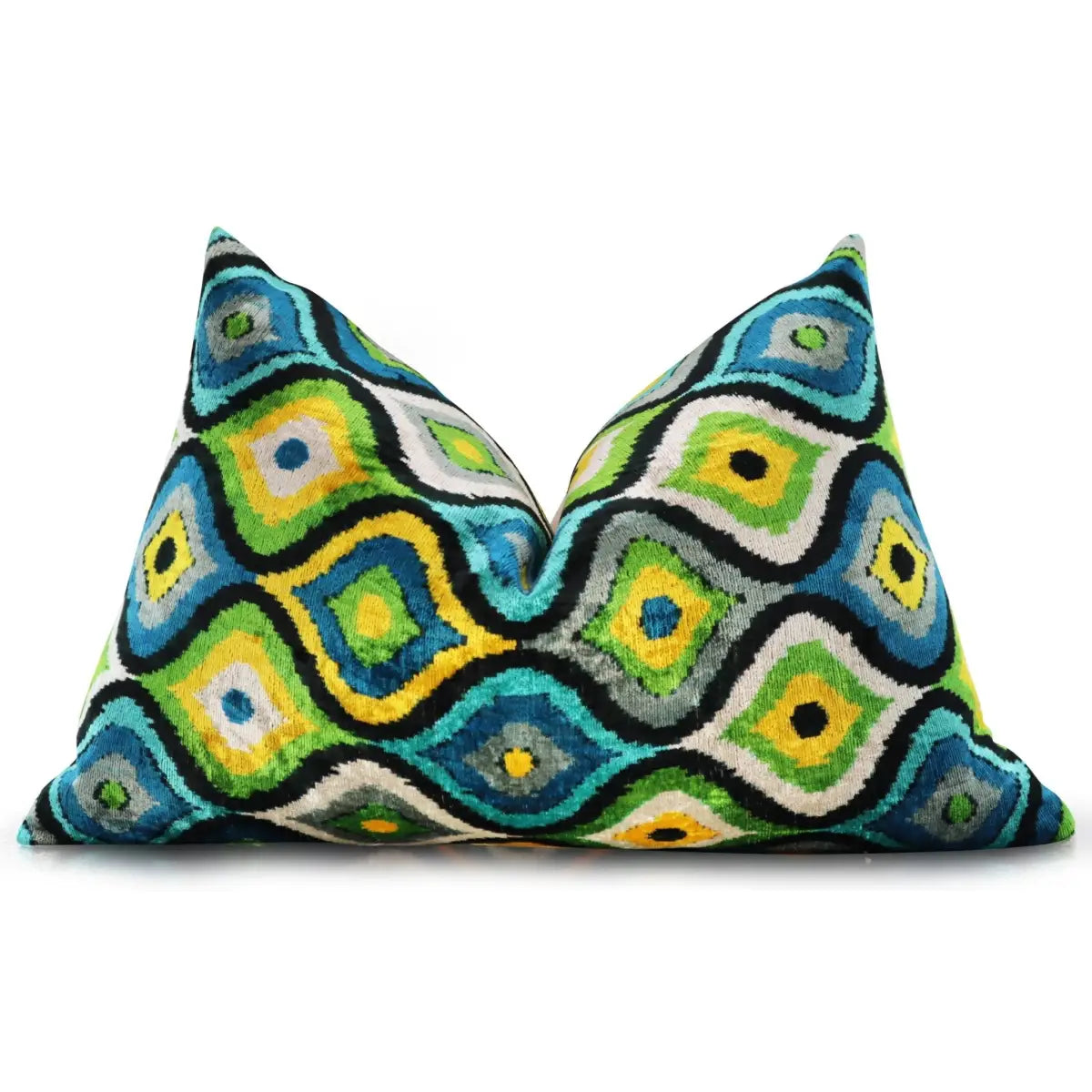 Luxury Silk Velvet Pillow - Yellow Blue Ikat Lumbar 16x24’’ - Canvello
