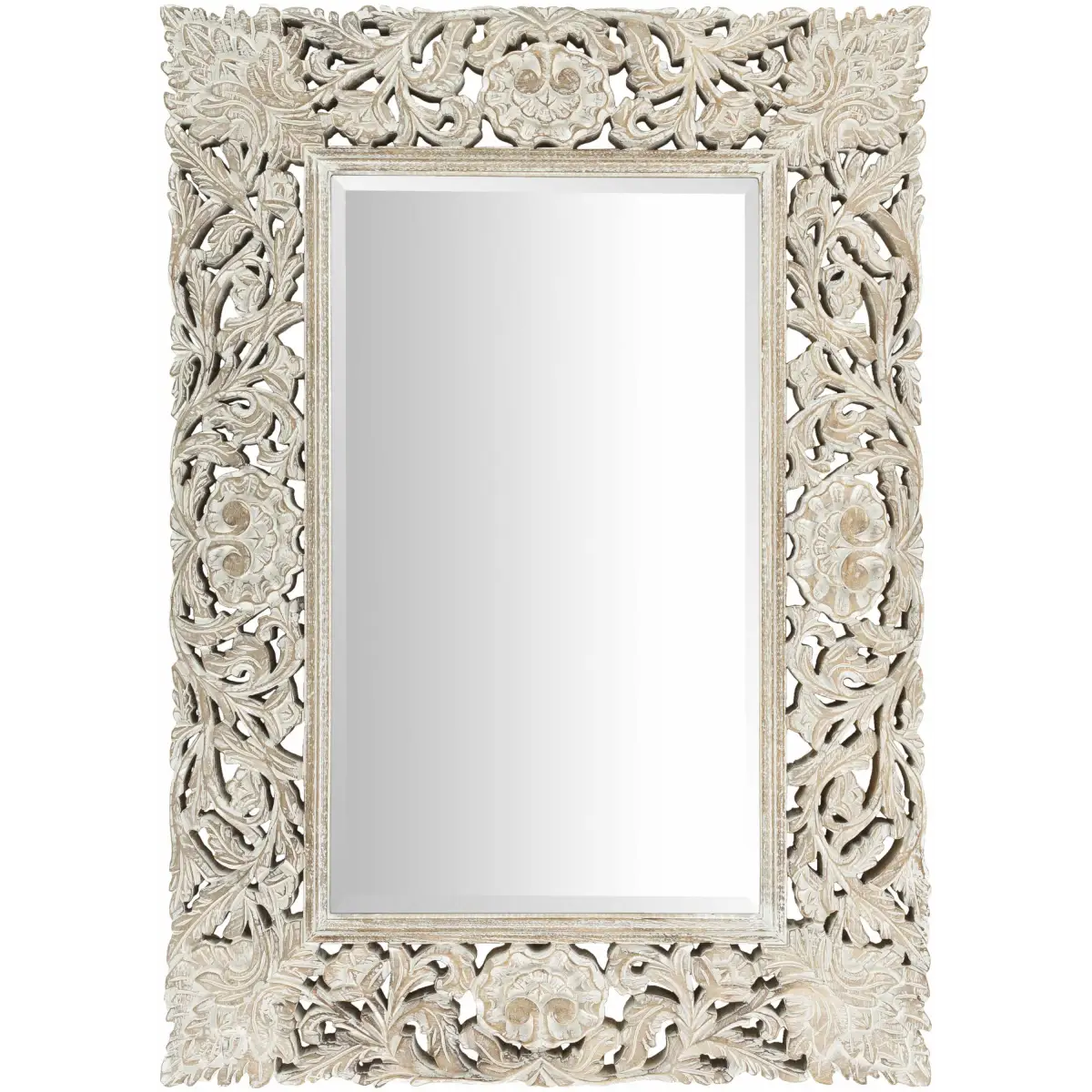 Carved Wood Whitewash Mirror - 30’’ x 42’’ Rectangle - Boutique Rugs