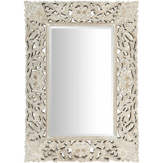 Carved Wood Whitewash Mirror - 30’’ x 42’’ Rectangle - Boutique Rugs