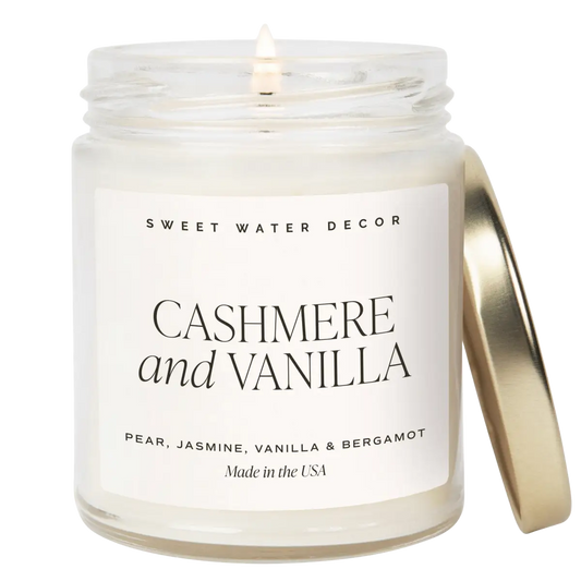 Cashmere and Vanilla Soy Candle - Clear Jar - 9 oz - Sweet Water Decor