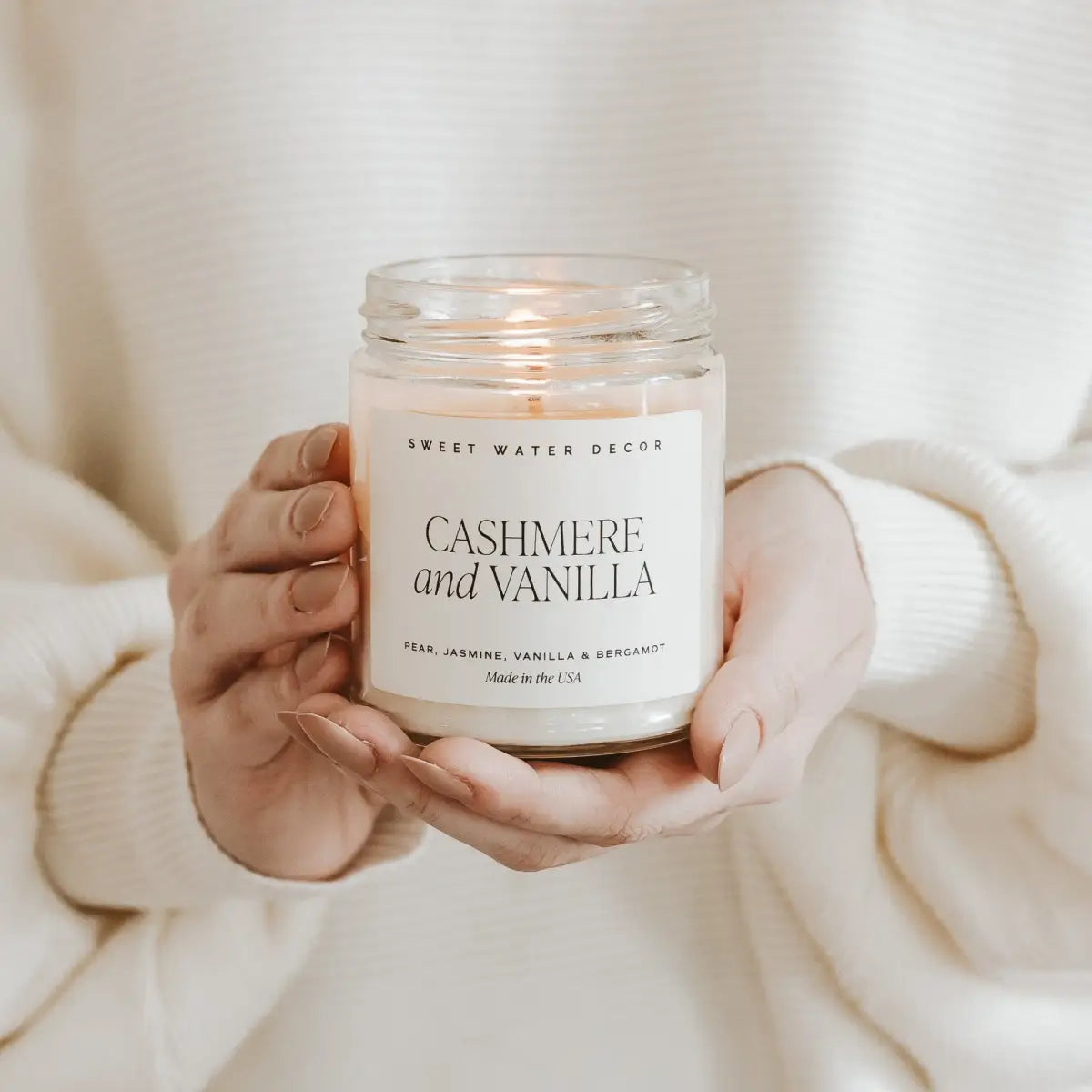 Cashmere and Vanilla Soy Candle - Clear Jar - 9 oz - Sweet Water Decor
