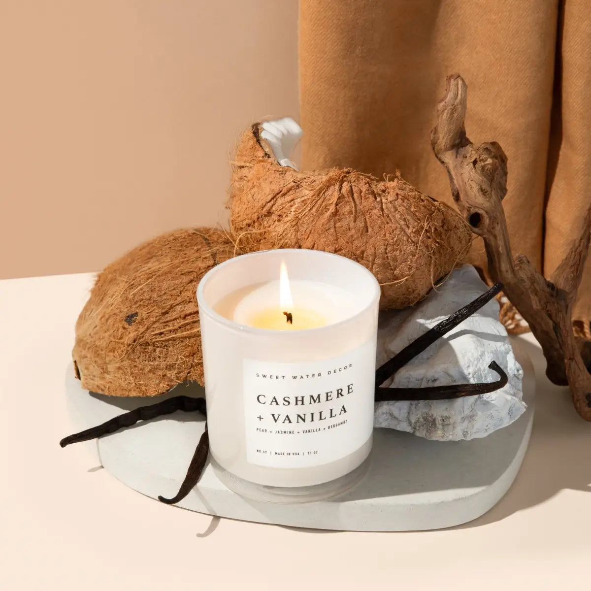 Cashmere and Vanilla Soy Candle - White Jar - 11 oz - Sweet Water Decor