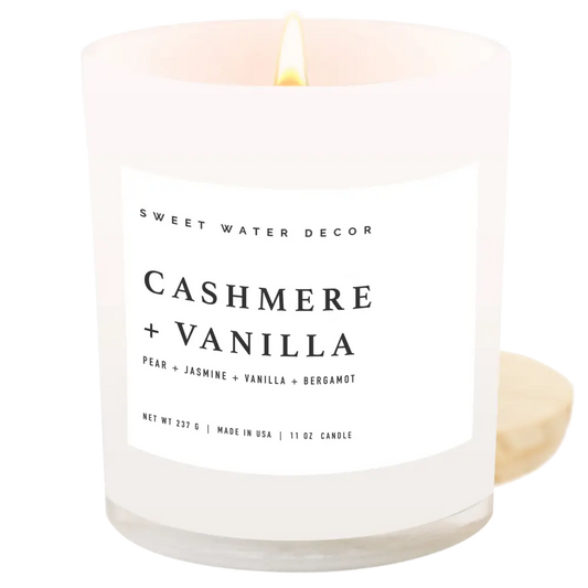Cashmere and Vanilla Soy Candle - White Jar - 11 oz - Sweet Water Decor