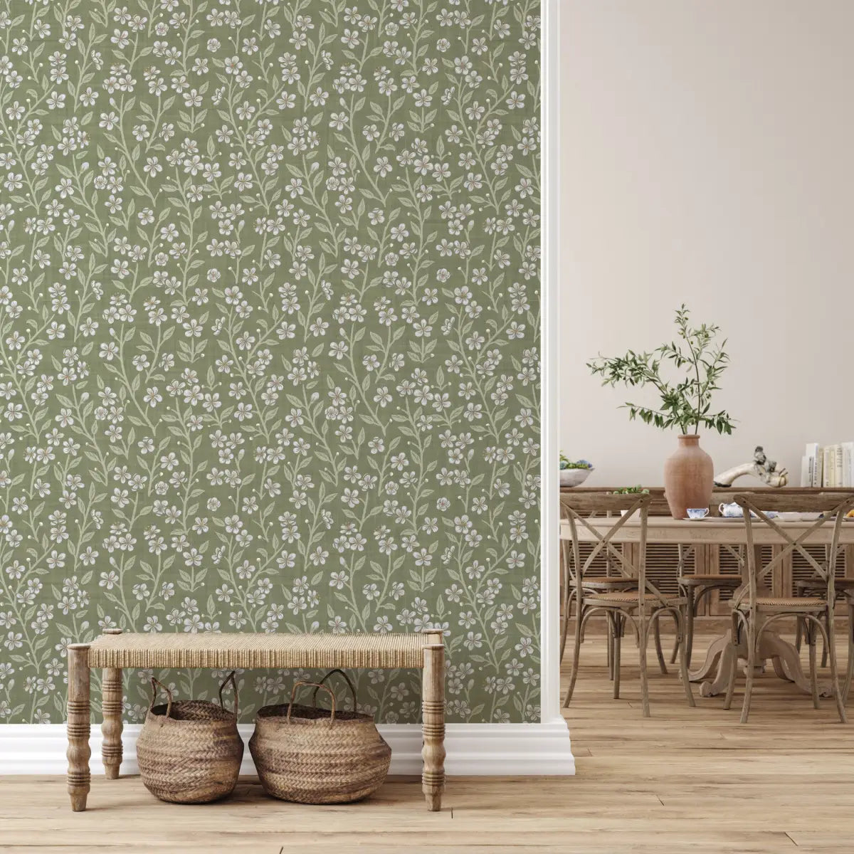 Cass Wallpaper - Petite Flowers on Green - by Danielle Eneh - Loomwell Home Goods