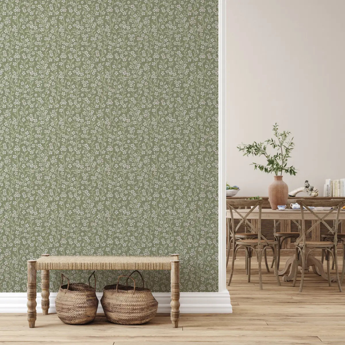 Cass Wallpaper - Petite Flowers on Green - by Danielle Eneh - Loomwell Home Goods