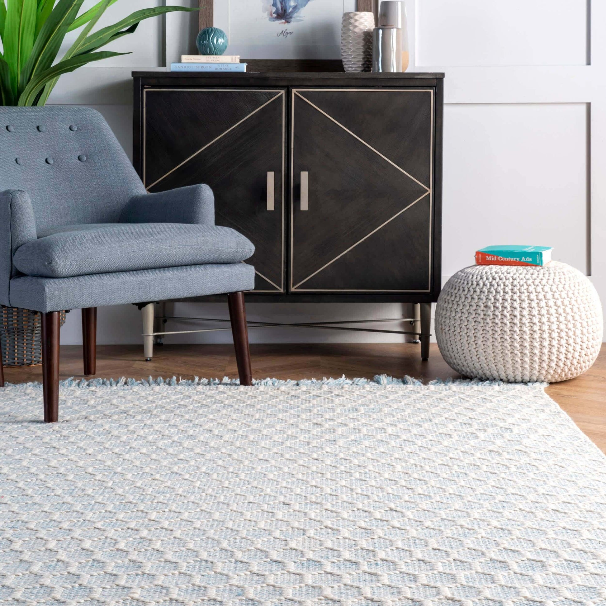 Blue Honeycomb Area Rug with Tassels