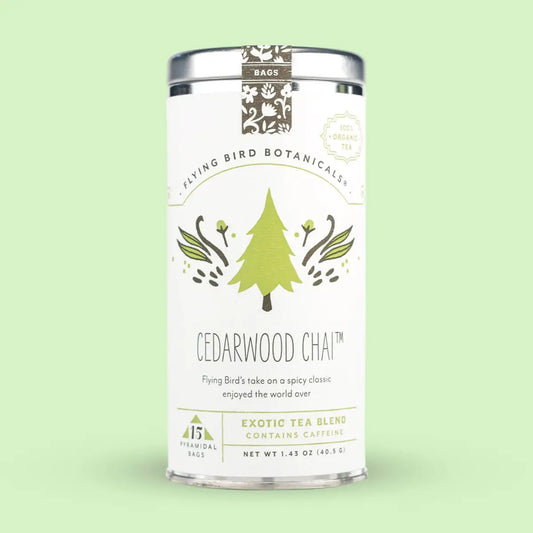 Organic Tea - Cedarwood Chai – 15 Tea Bag Tin - Flying Bird Botanicals