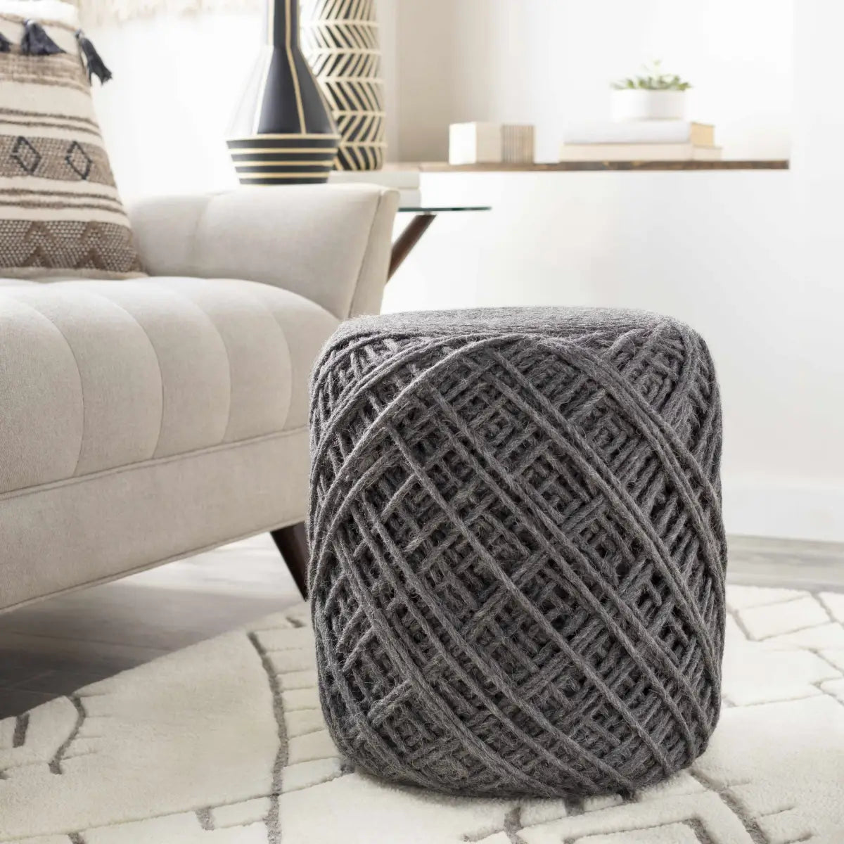 Charcoal Yarn Ball Wool Pouf - 16’’ x 16’’ x 18’’ Cylinder - Boutique Rugs