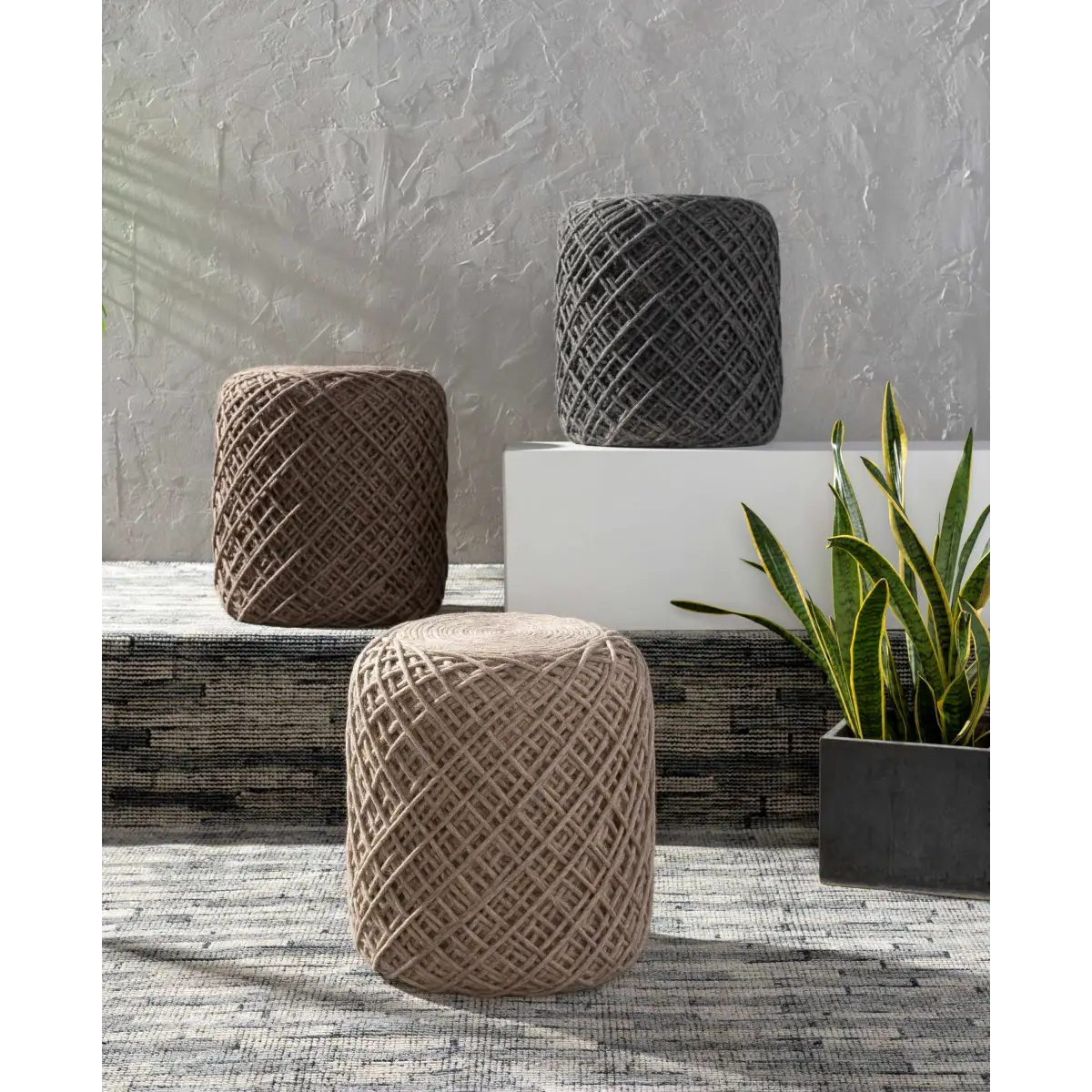 Charcoal Yarn Ball Wool Pouf - 16’’ x 16’’ x 18’’ Cylinder - Boutique Rugs