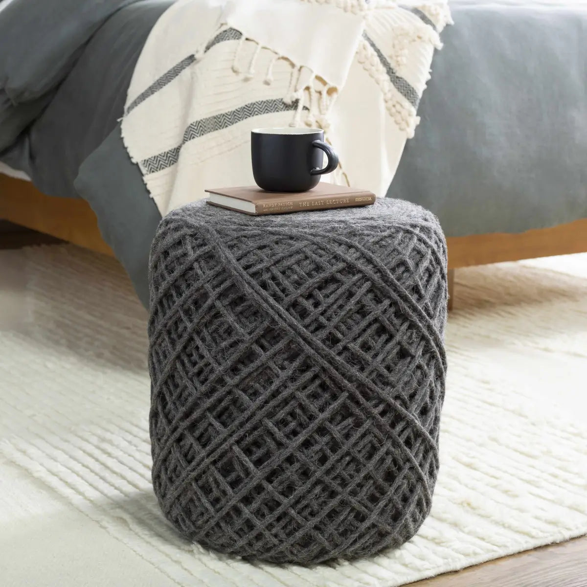 Charcoal Yarn Ball Wool Pouf - 16’’ x 16’’ x 18’’ Cylinder - Boutique Rugs