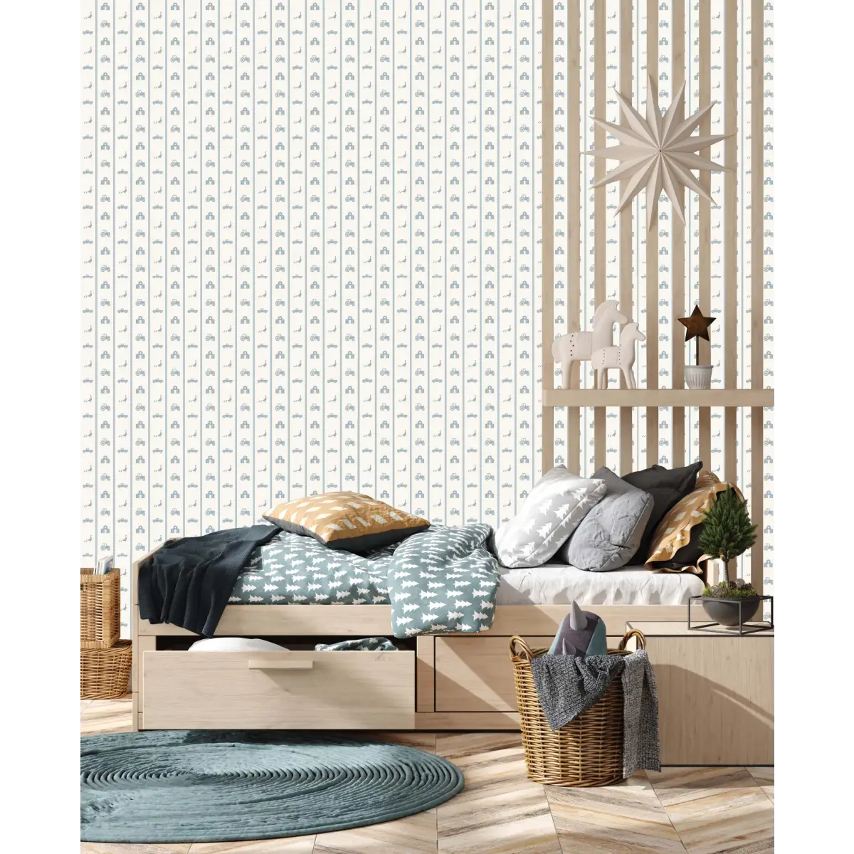 Charlie Wallpaper - Petite Farm Stripe for Baby - by Lauren Blair Hersey - Sample 1 foot by 1 foot / Large Scale / Blue