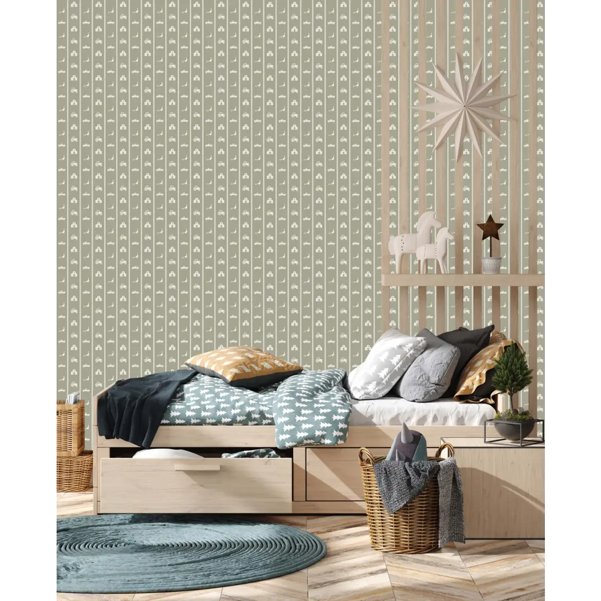 Charlie Wallpaper - Petite Farm Stripe for Baby - by Lauren Blair Hersey - Sample 1 foot by 1 foot / Large Scale / Sage