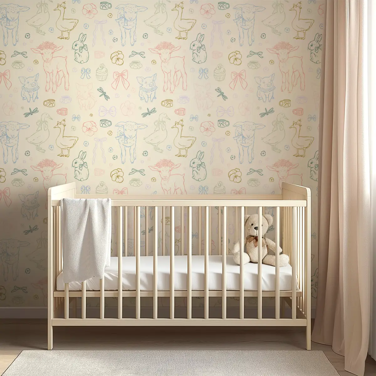 Charlotte Wallpaper - Pastel Farm Animal Drawings - Loomwell Home Goods