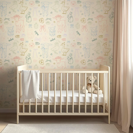 Charlotte Wallpaper - Pastel Farm Animal Drawings - Loomwell Home Goods