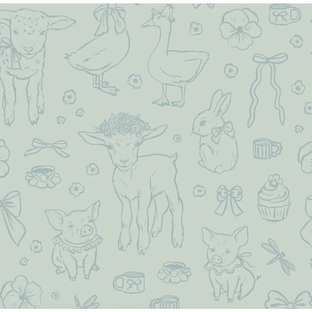 Charlotte Wallpaper - Pastel Farm Animal Drawings - Sample 1 foot by 1 foot / Blue - Loomwell Home Goods