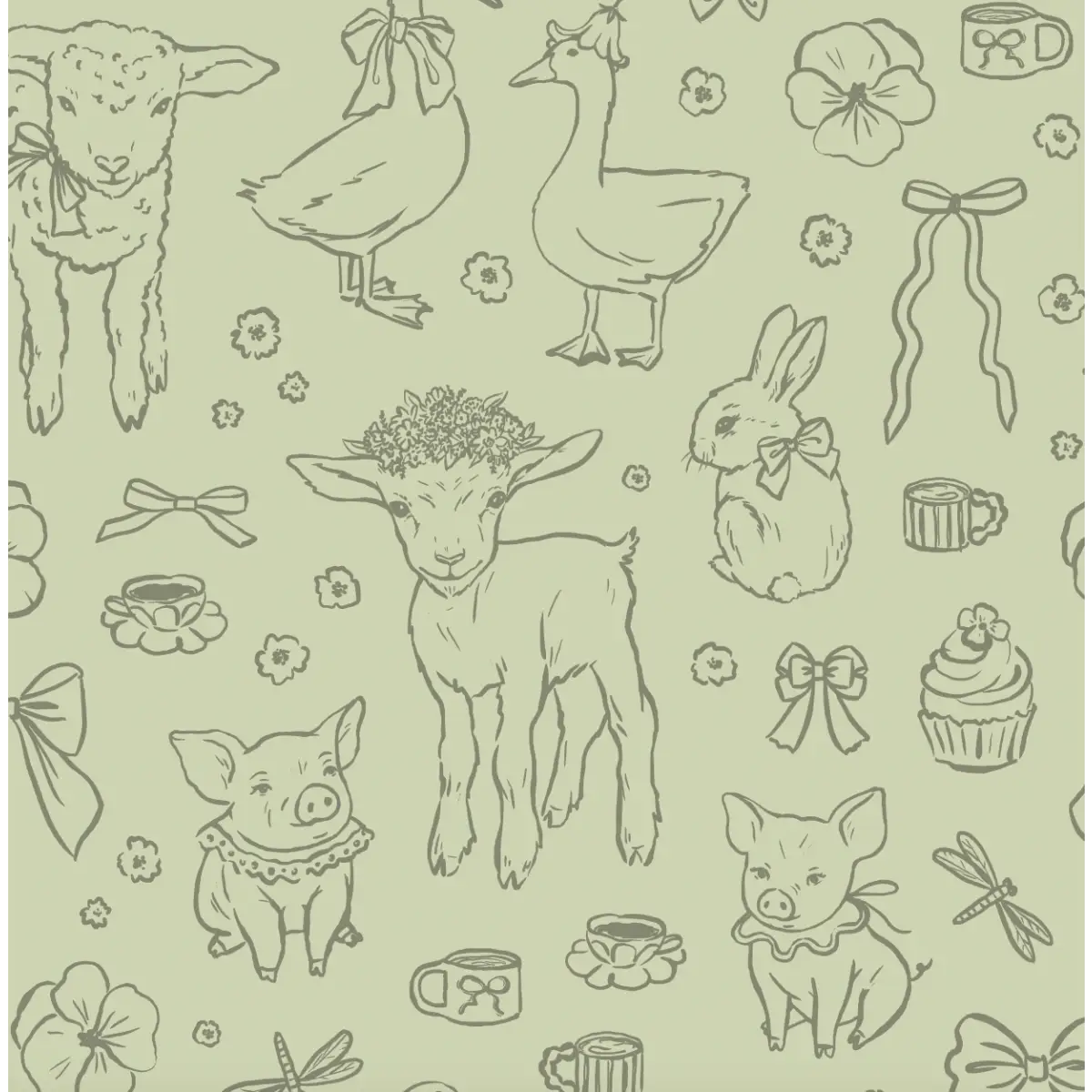 Charlotte Wallpaper - Pastel Farm Animal Drawings - Sample 1 foot by 1 foot / Green - Loomwell Home Goods