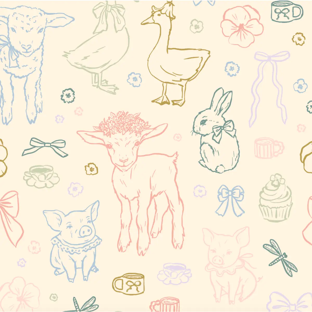 Charlotte Wallpaper - Pastel Farm Animal Drawings - Sample 1 foot by 1 foot / Multi - Loomwell Home Goods