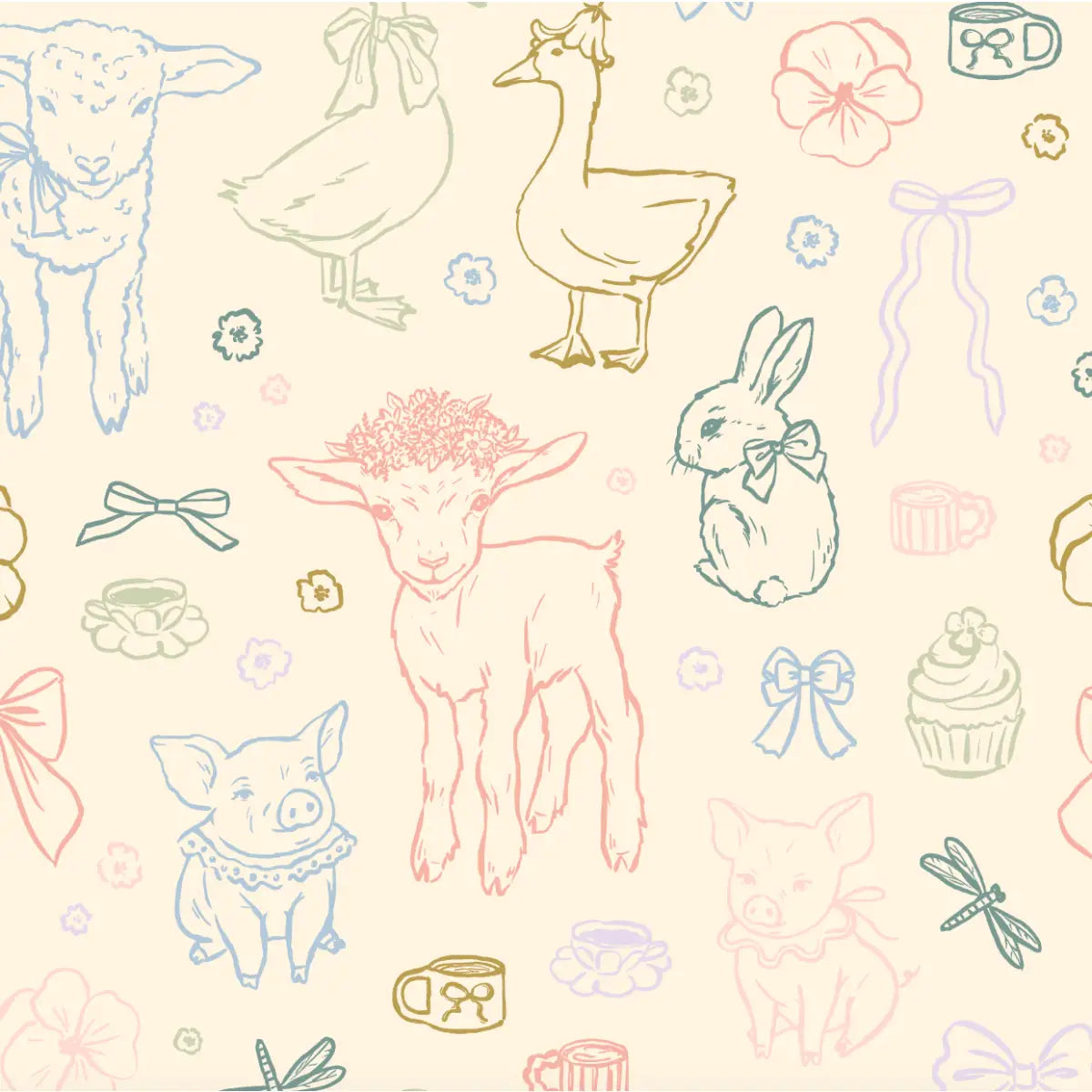 Charlotte Wallpaper - Pastel Farm Animal Drawings - Sample 1 foot by 1 foot / Multi - Loomwell Home Goods