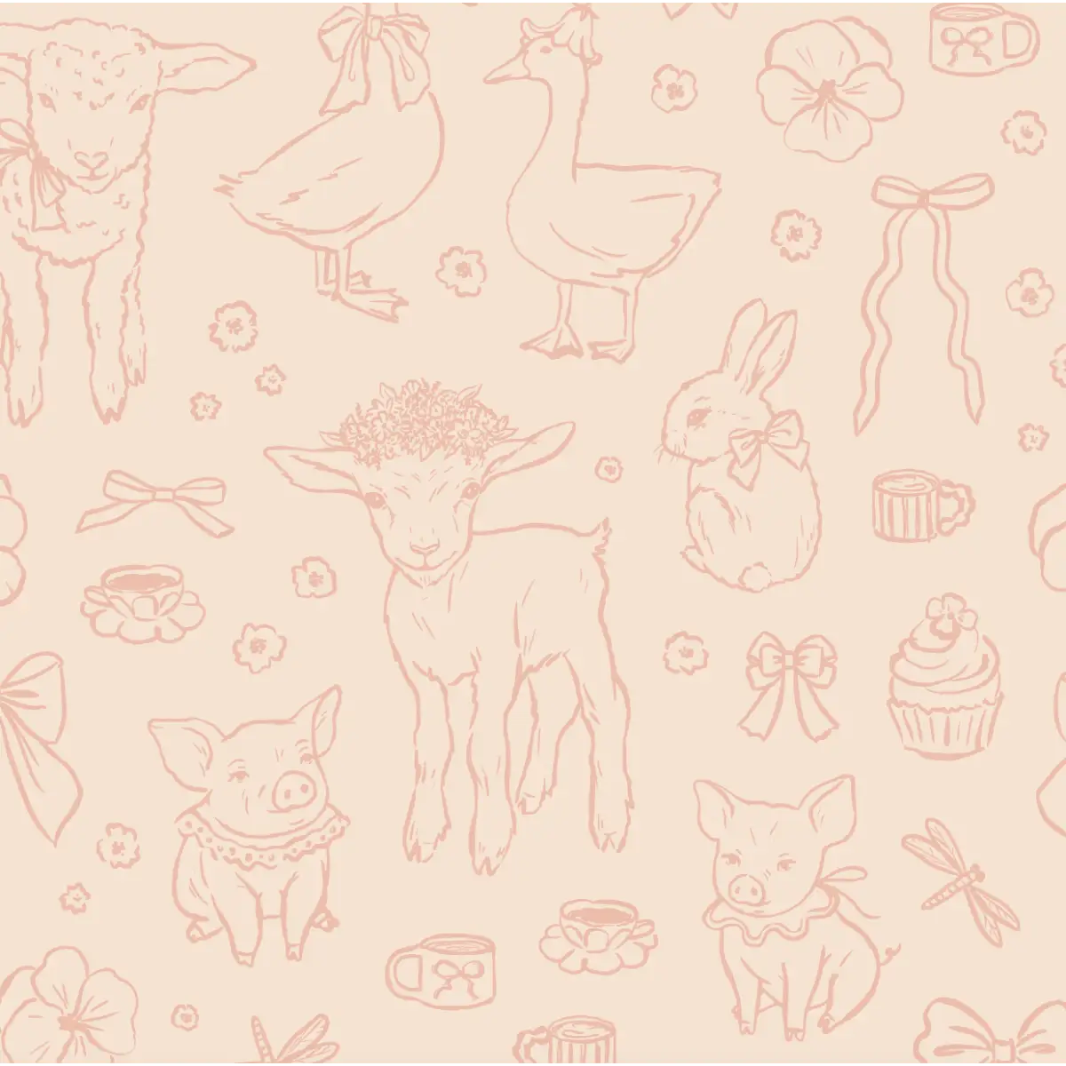 Charlotte Wallpaper - Pastel Farm Animal Drawings - Sample 1 foot by 1 foot / Pink - Loomwell Home Goods