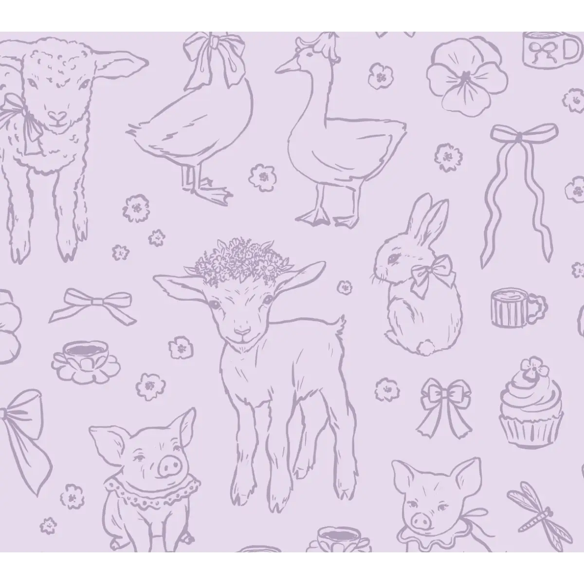 Charlotte Wallpaper - Pastel Farm Animal Drawings - Sample 1 foot by 1 foot / Purple - Loomwell Home Goods