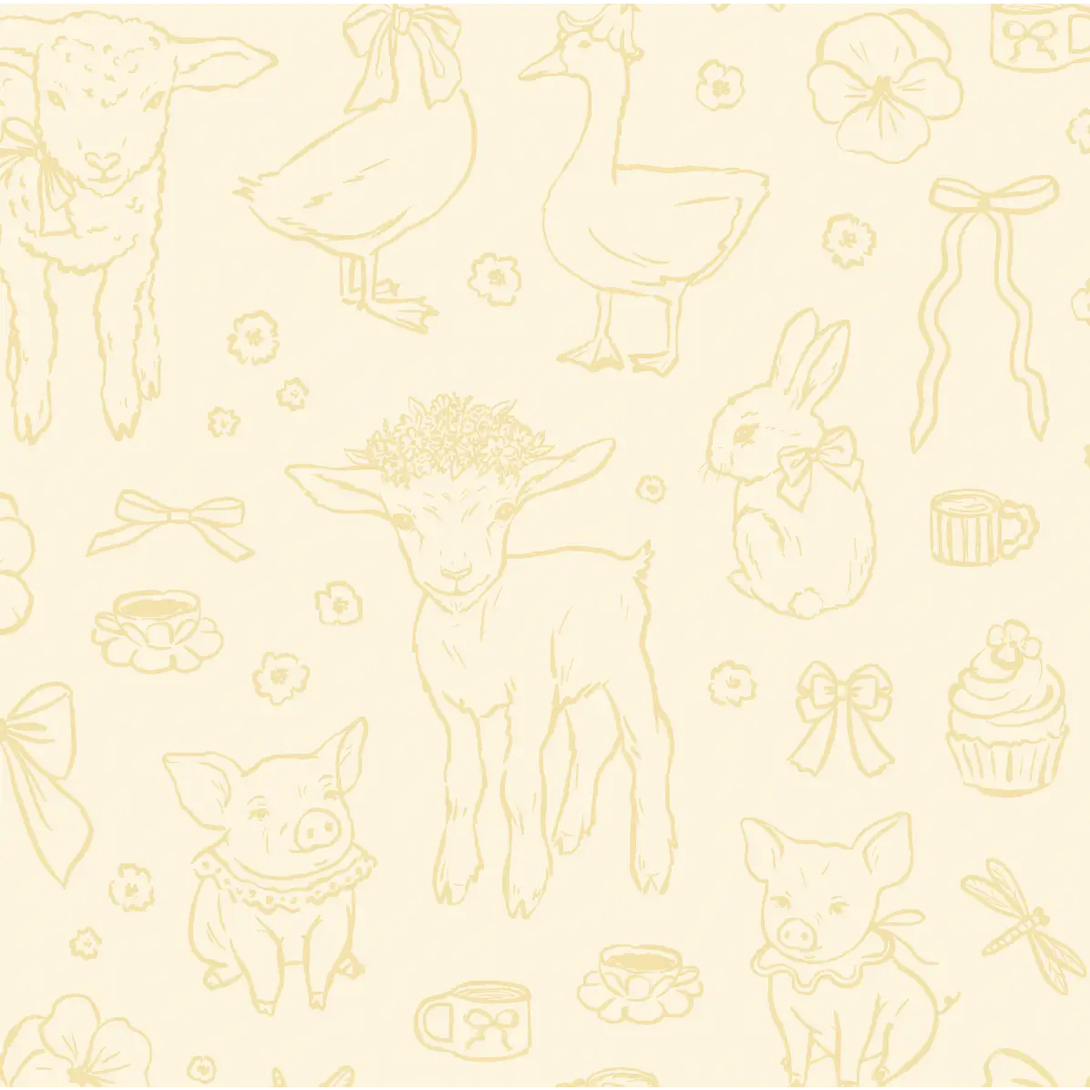 Charlotte Wallpaper - Pastel Farm Animal Drawings - Sample 1 foot by 1 foot / Yellow - Loomwell Home Goods