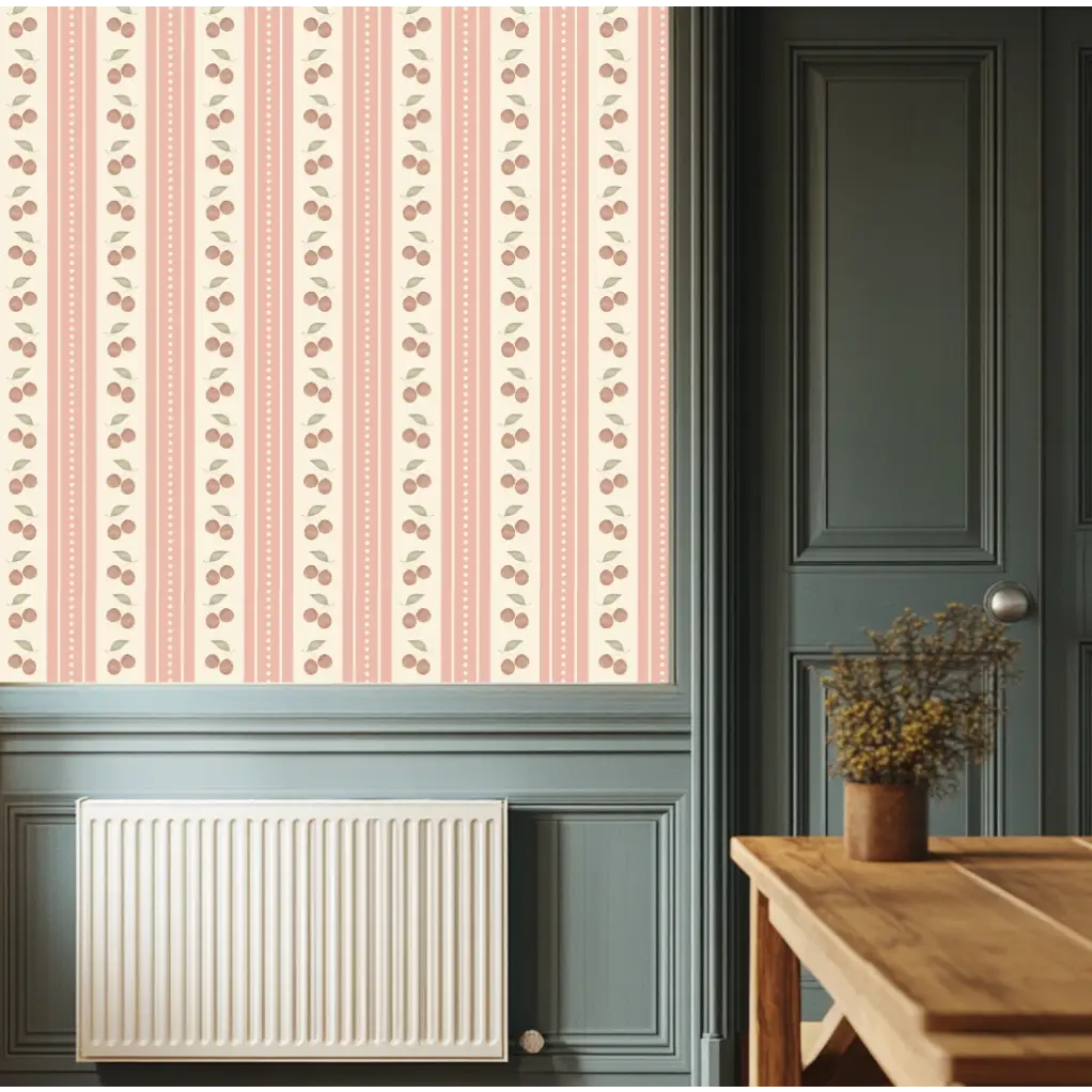 Cherries Stripe Wallpaper - Watercolor for Kids - Loomwell Home Goods