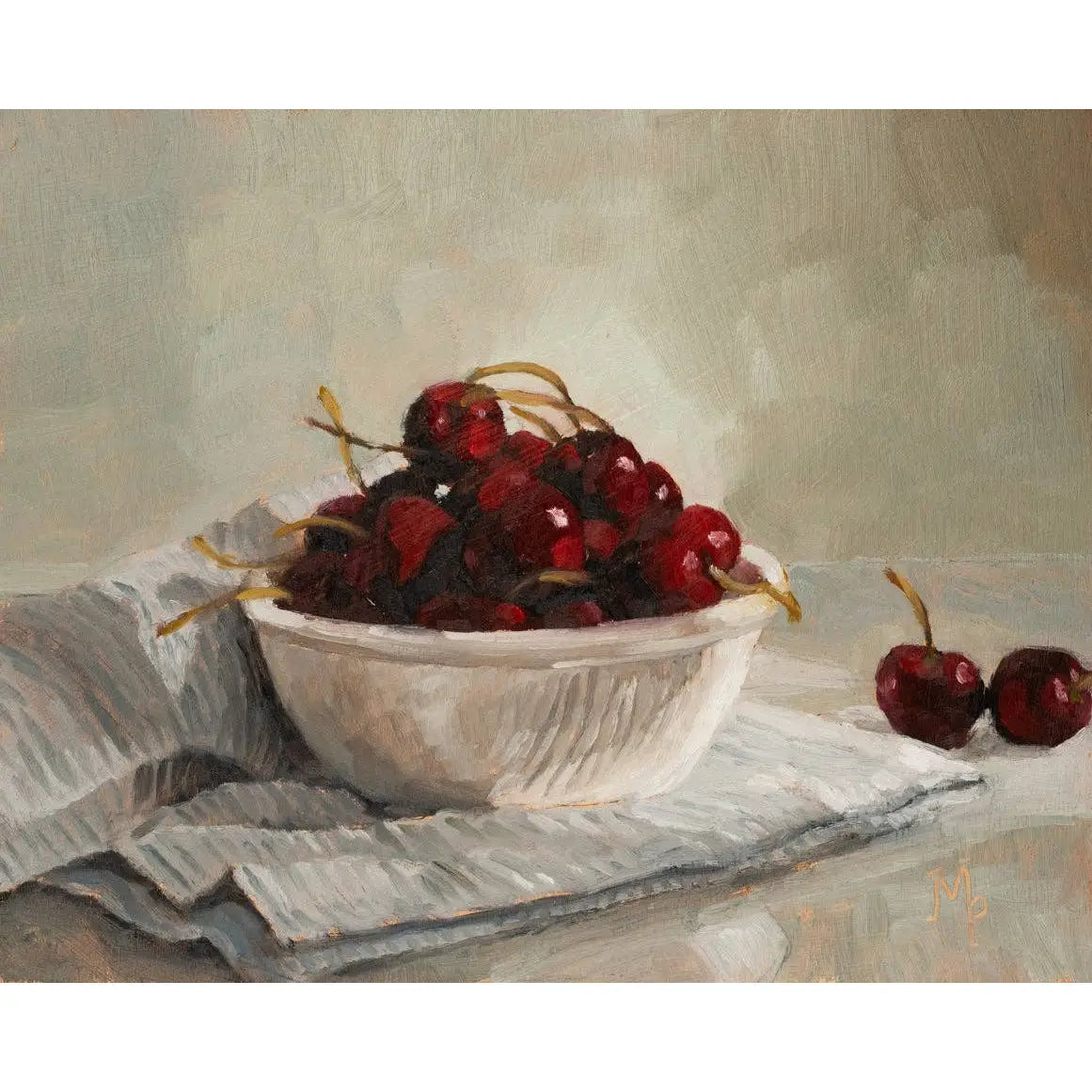Art Print - Cherries and Striped Towel Painting - 5x7 - Miss Mustard Seed