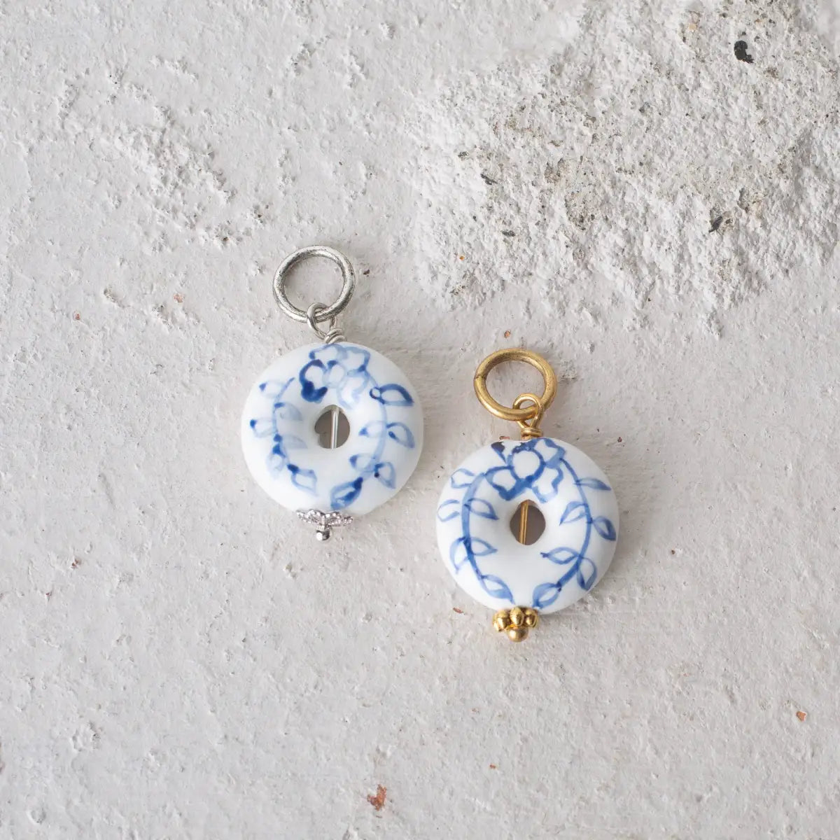 Ceramic Chinoiserie Bead Charm - Puffy Porcelain Ring for Bracelet or Necklace - Antique Silver - Bel Kai
