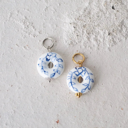 Ceramic Chinoiserie Bead Charm - Puffy Porcelain Ring for Bracelet or Necklace - Antique Silver - Bel Kai