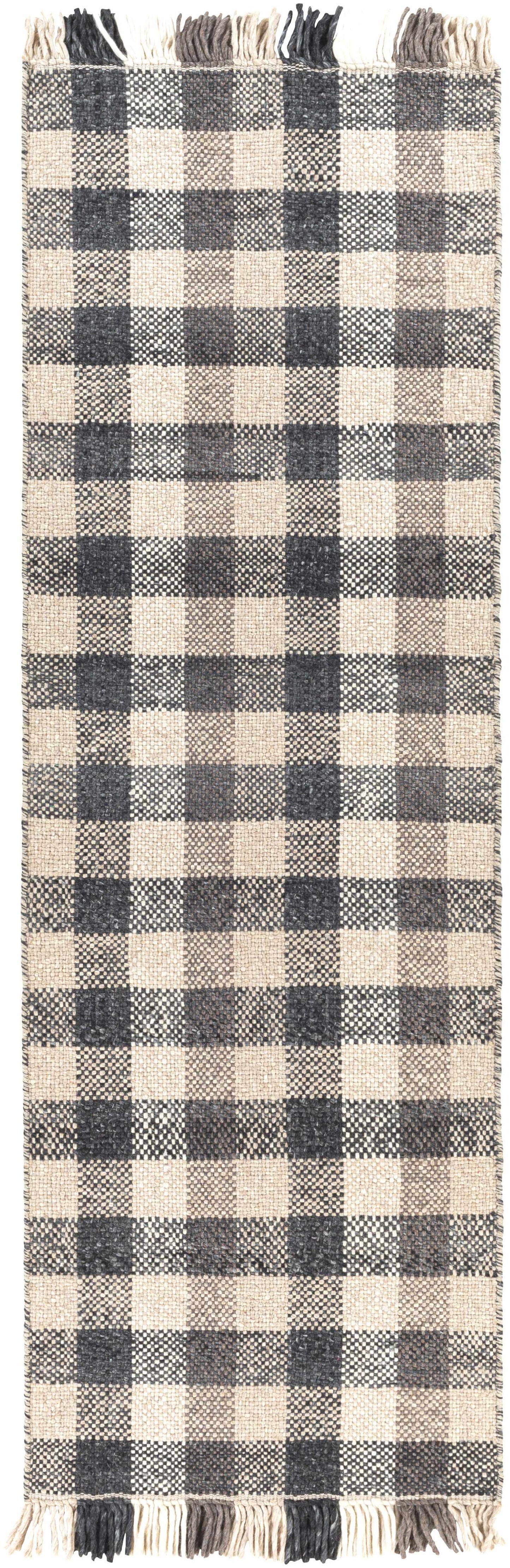 Gray Beige Plaid Check Wool Rug - 2’6’’ x 8’ Runner - Boutique Rugs