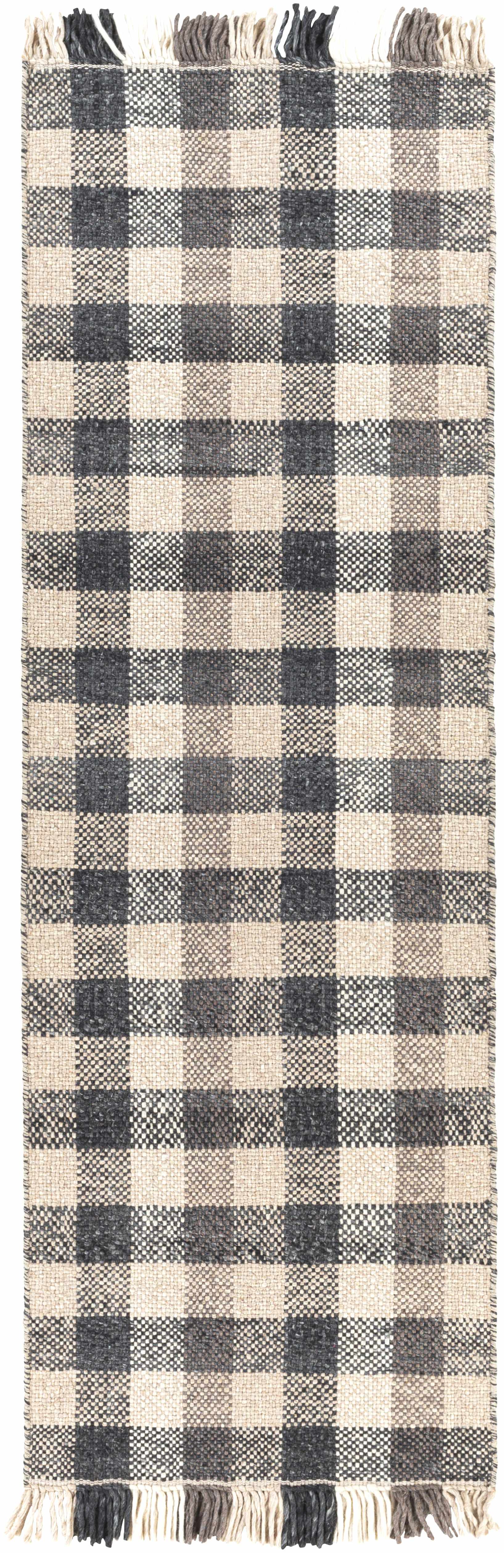 Gray Beige Plaid Check Wool Rug - 2’6’’ x 8’ Runner - Boutique Rugs