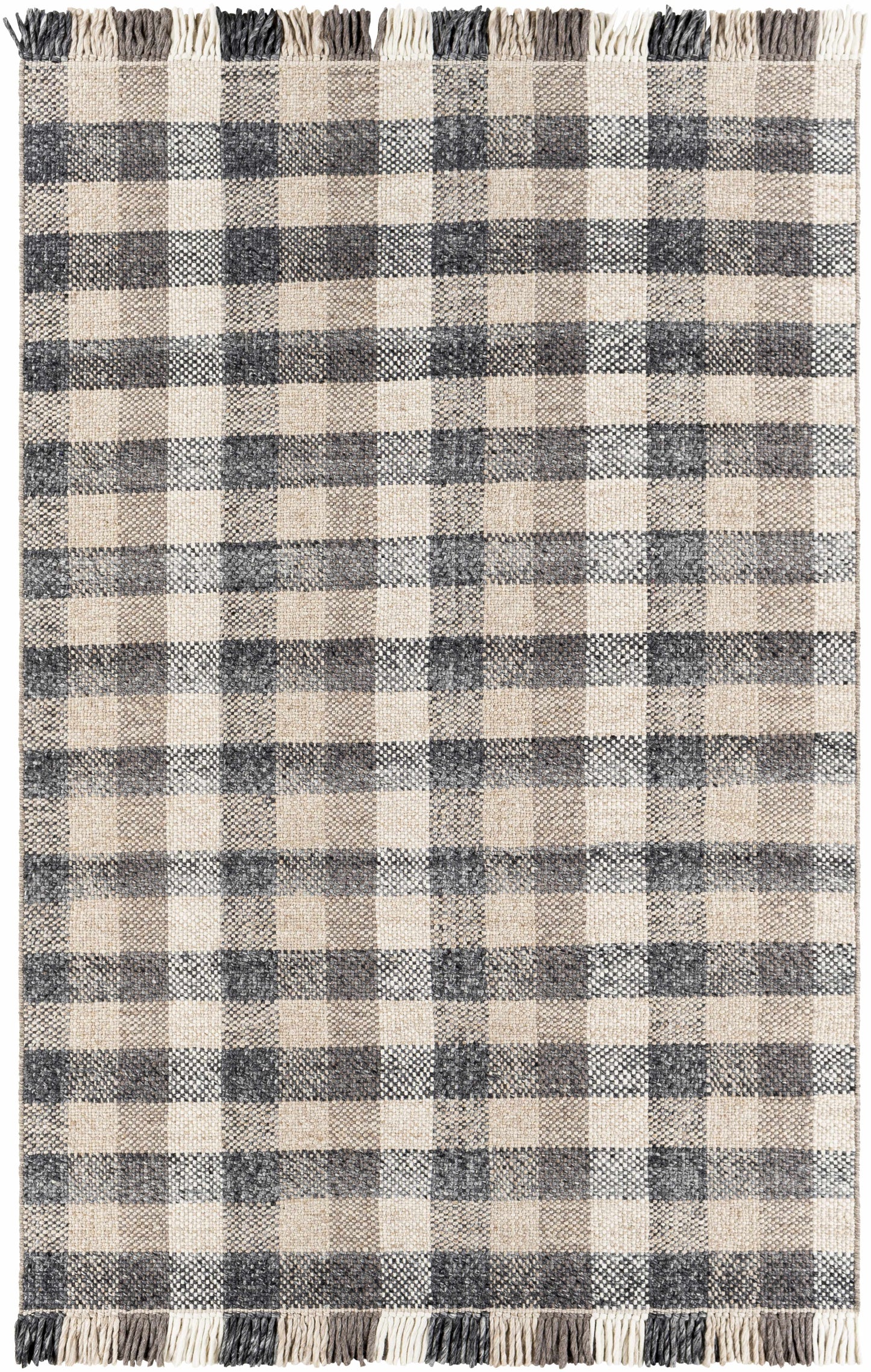 Gray Beige Plaid Check Wool Rug - 5’ x 7’6’’ Rectangle - Boutique Rugs