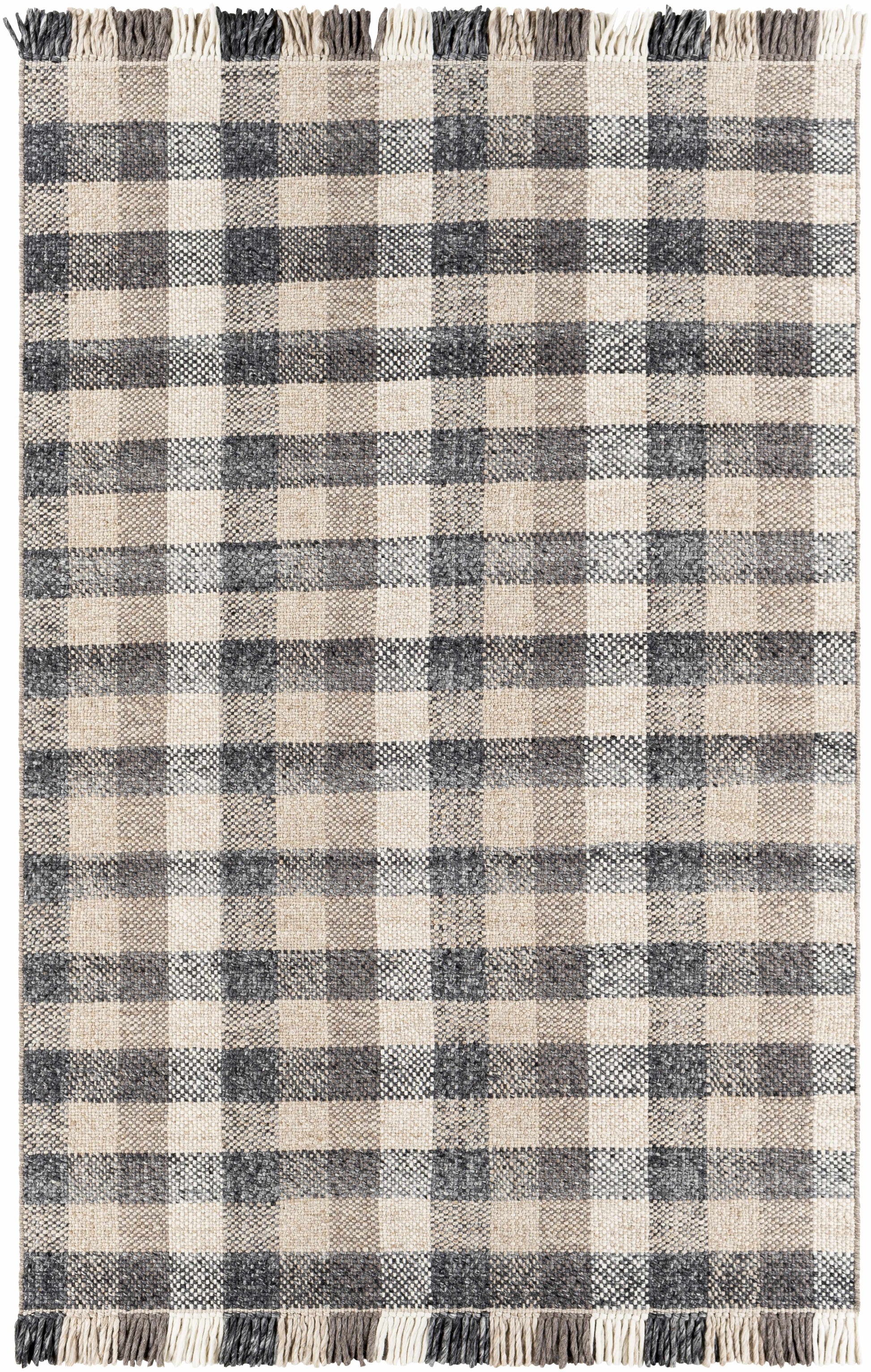 Gray Beige Plaid Check Wool Rug - 5’ x 7’6’’ Rectangle - Boutique Rugs