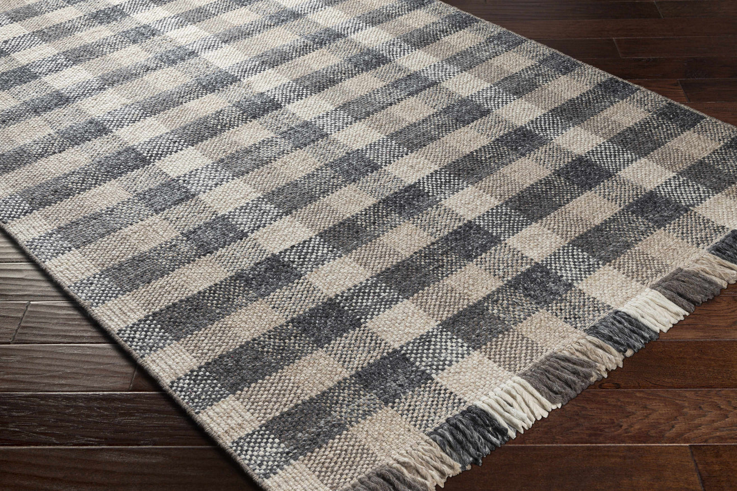 Gray Beige Plaid Check Wool Rug - Boutique Rugs