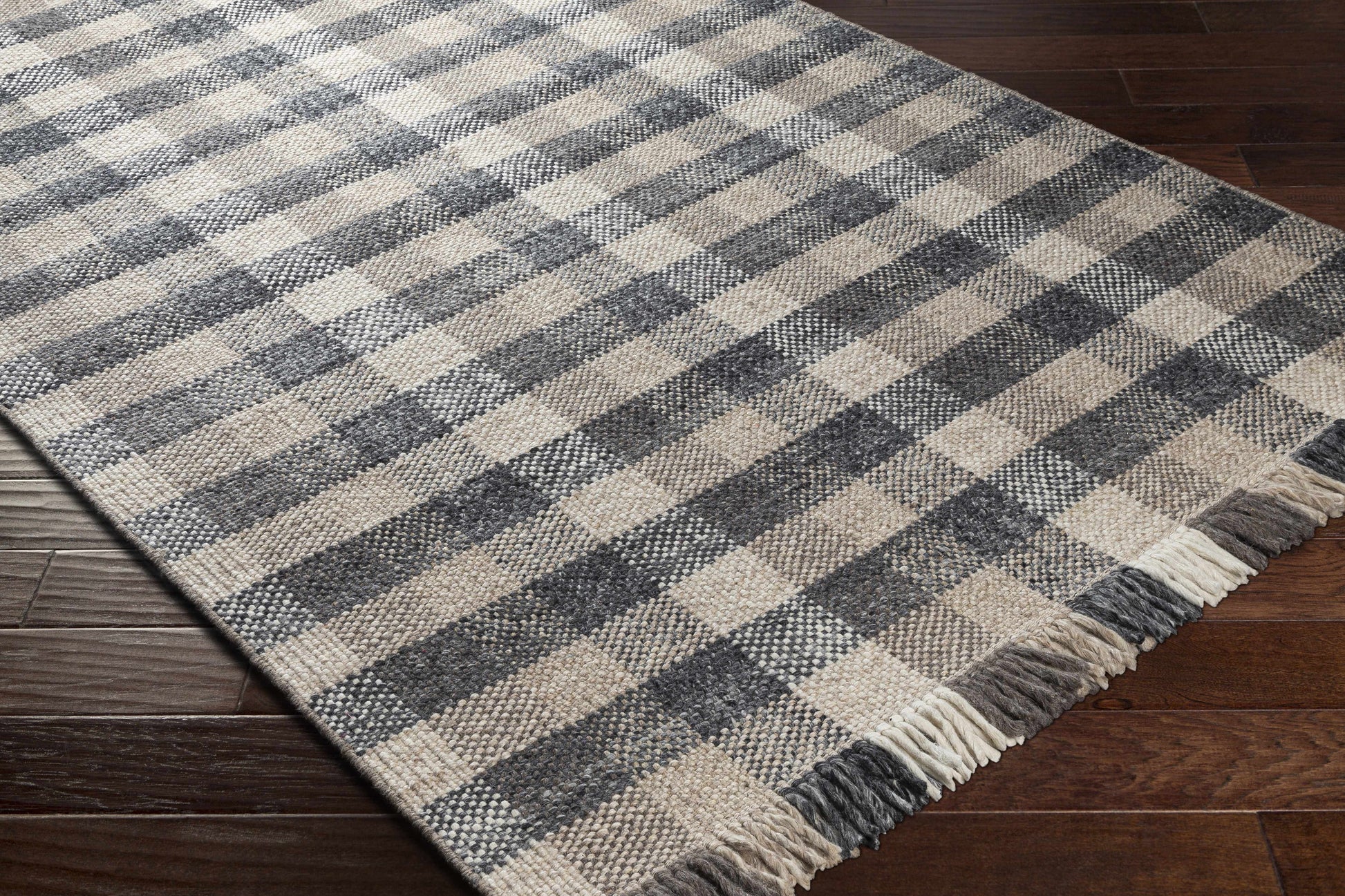 Gray Beige Plaid Check Wool Rug - Boutique Rugs