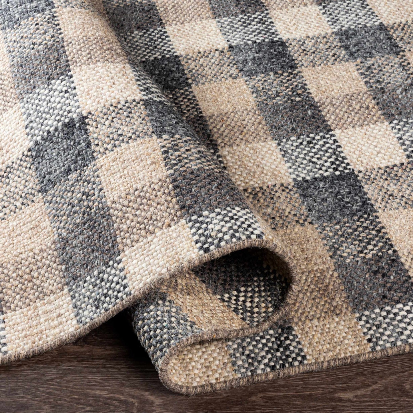 Gray Beige Plaid Check Wool Rug - Boutique Rugs