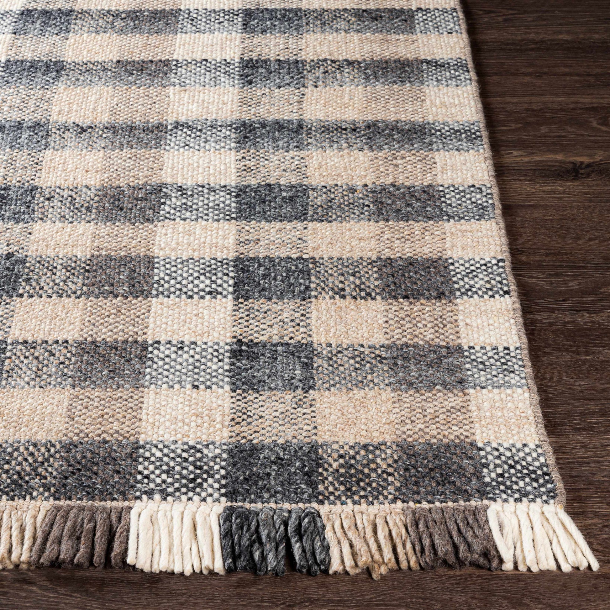 Gray Beige Plaid Check Wool Rug - Boutique Rugs