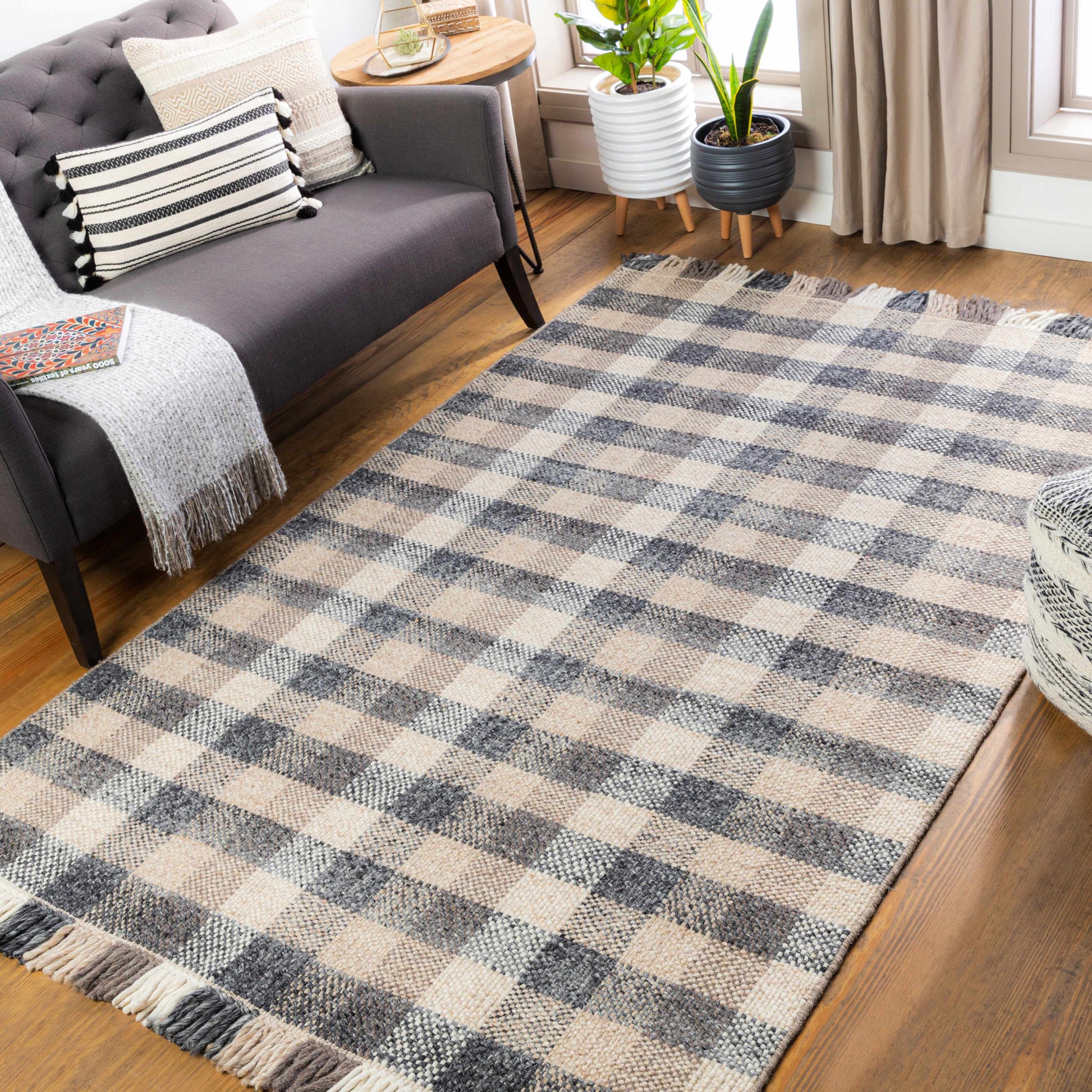 Gray Beige Plaid Check Wool Rug - Boutique Rugs