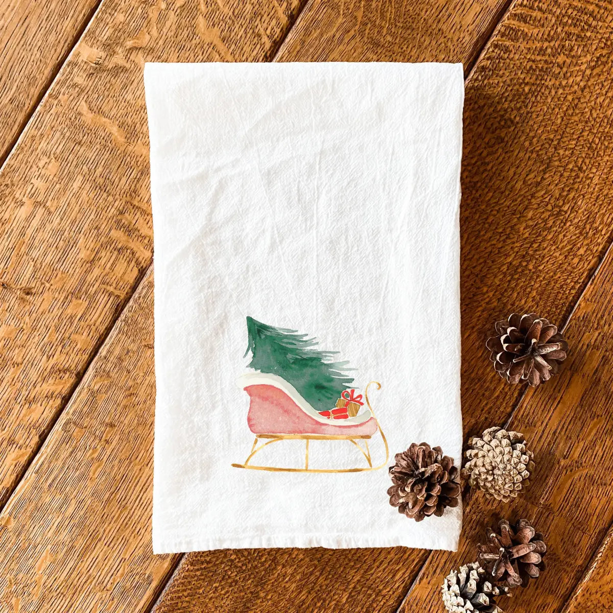 Christmas Tea Towel - Sleigh with Tree - Indigo Tangerine
