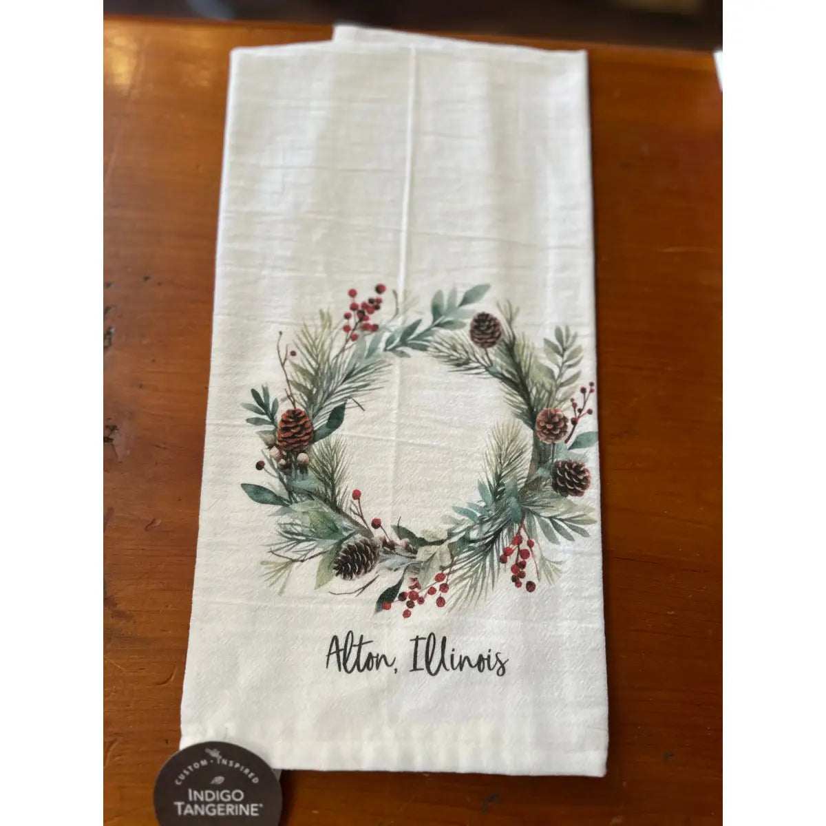 Christmas Tea Towel - Winter Wreath - Alton Illinois - Indigo Tangerine