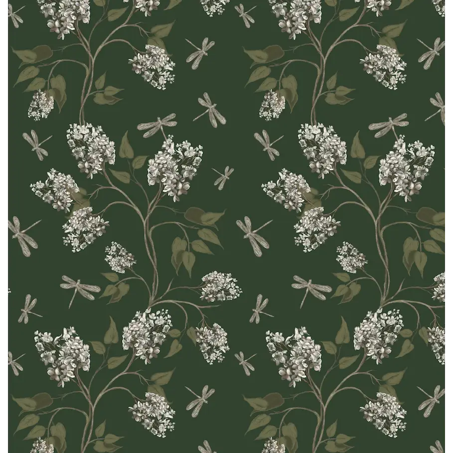 Clarke Wallpaper - Lilacs and Dragonflies - by Melissa Dayton Art - Sample 1 foot by 1 foot / Green - Loomwell Home