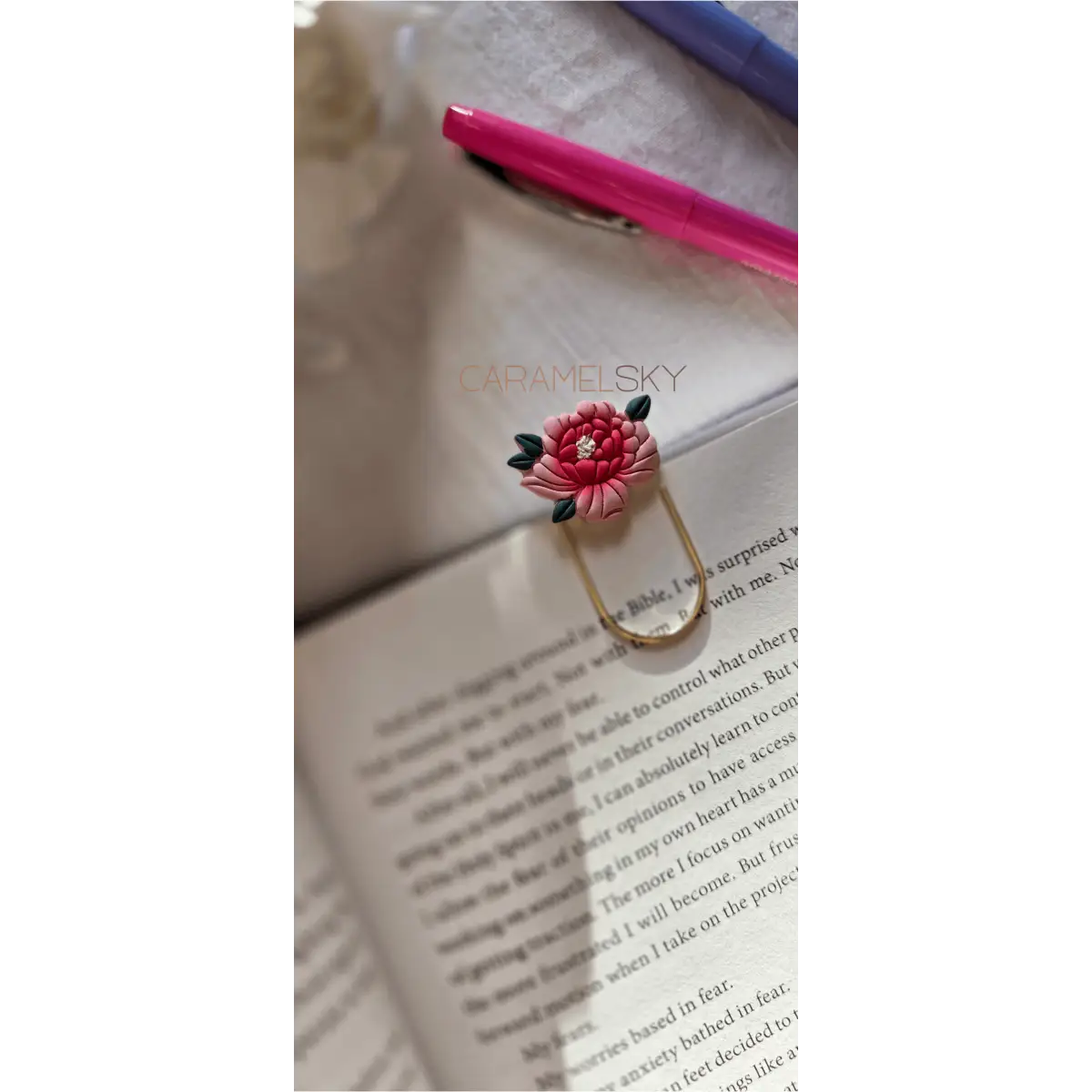 Clay Bookmark - Handmade Peony Flower with Paperclip - Caramel Sky
