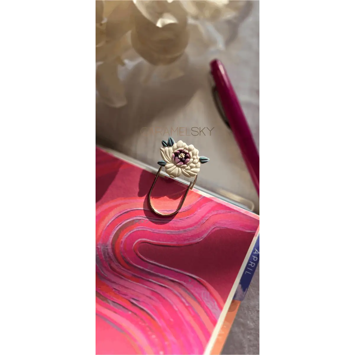 Clay Bookmark - Handmade Peony Flower with Paperclip - Caramel Sky
