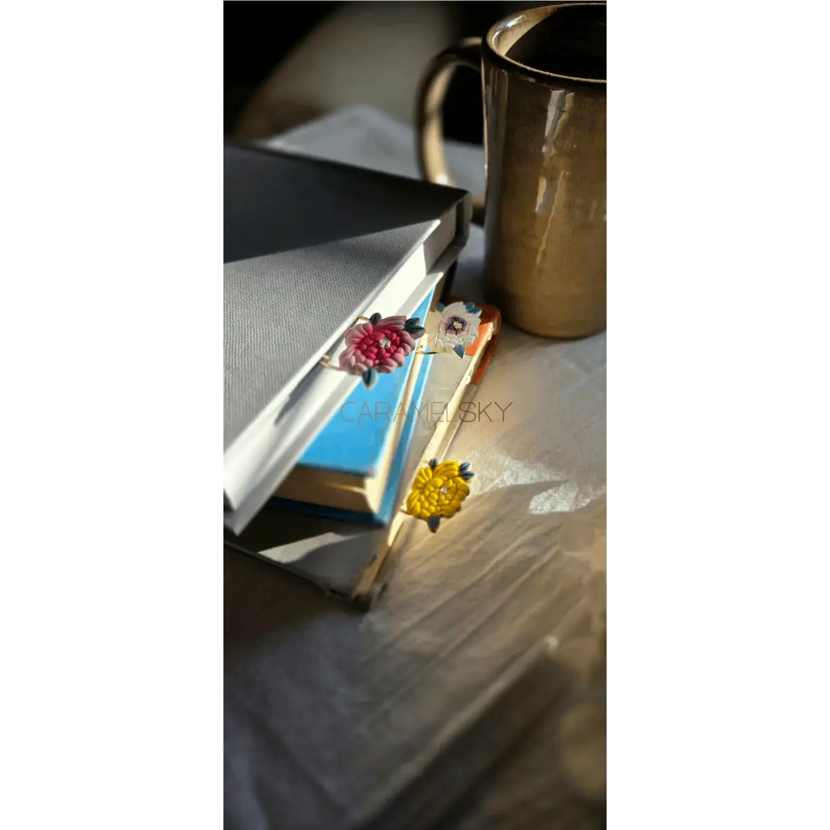 Clay Bookmark - Handmade Peony Flower with Paperclip - Caramel Sky