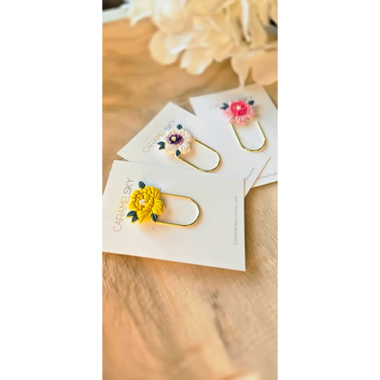 Clay Bookmark - Handmade Peony Flower with Paperclip - Caramel Sky