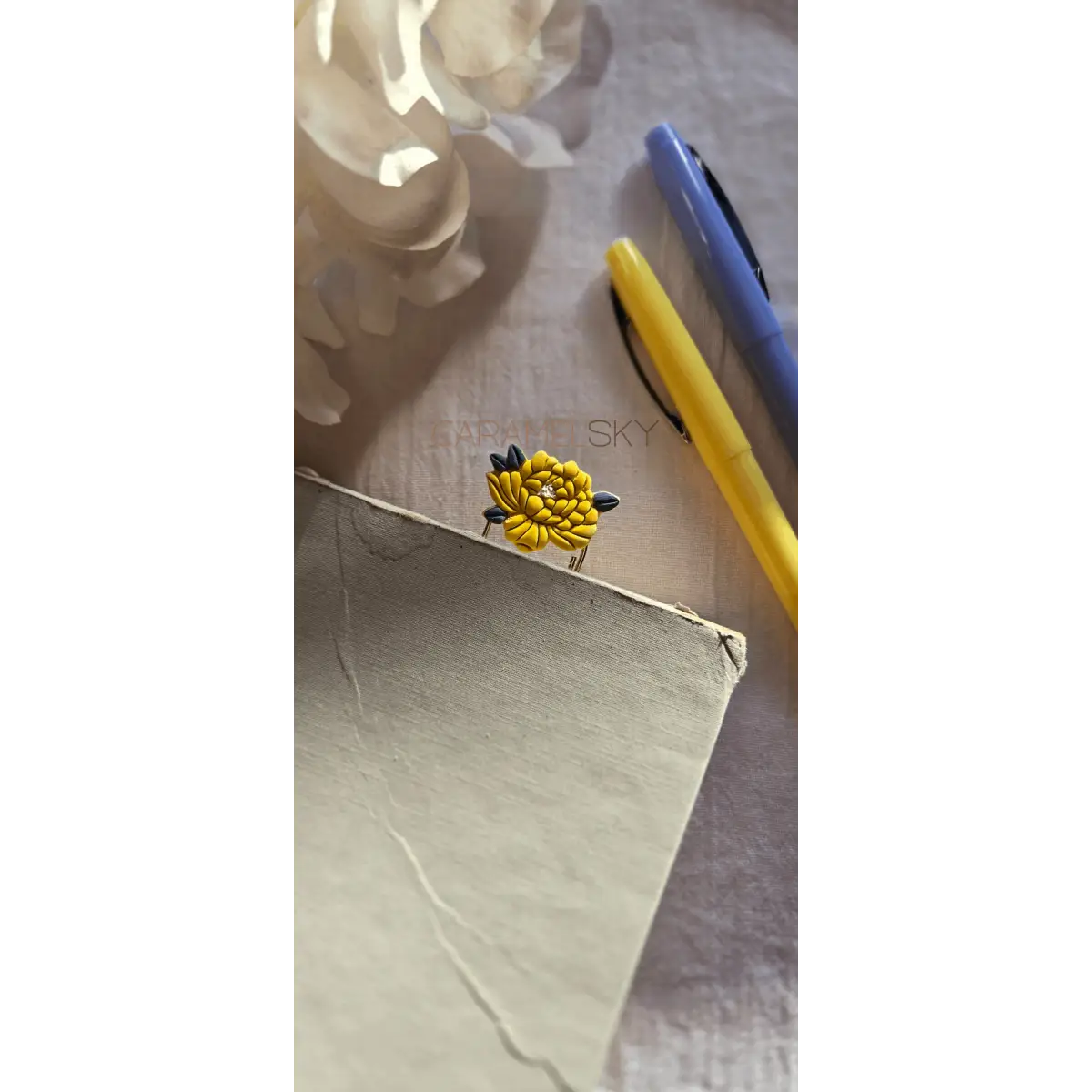 Clay Bookmark - Handmade Peony Flower with Paperclip - Caramel Sky