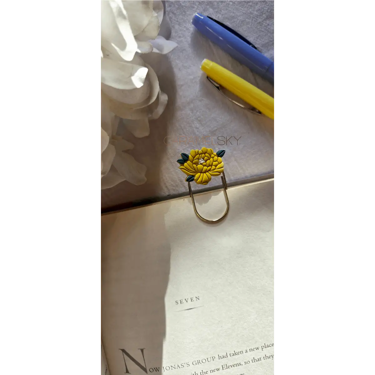 Clay Bookmark - Handmade Peony Flower with Paperclip - Caramel Sky